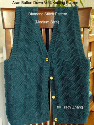 cover image of Aran Button Down Vest Knitting Pattern Diamond Stitch Pattern